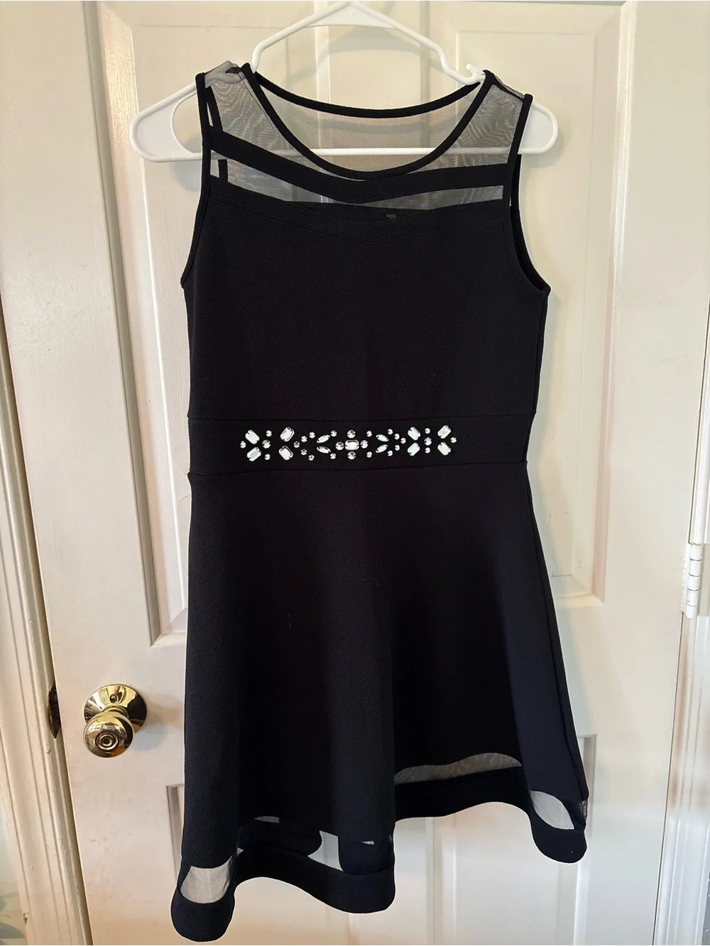 Place Black Mesh-Trimmed Jewel Waist Fit & Flare Dress